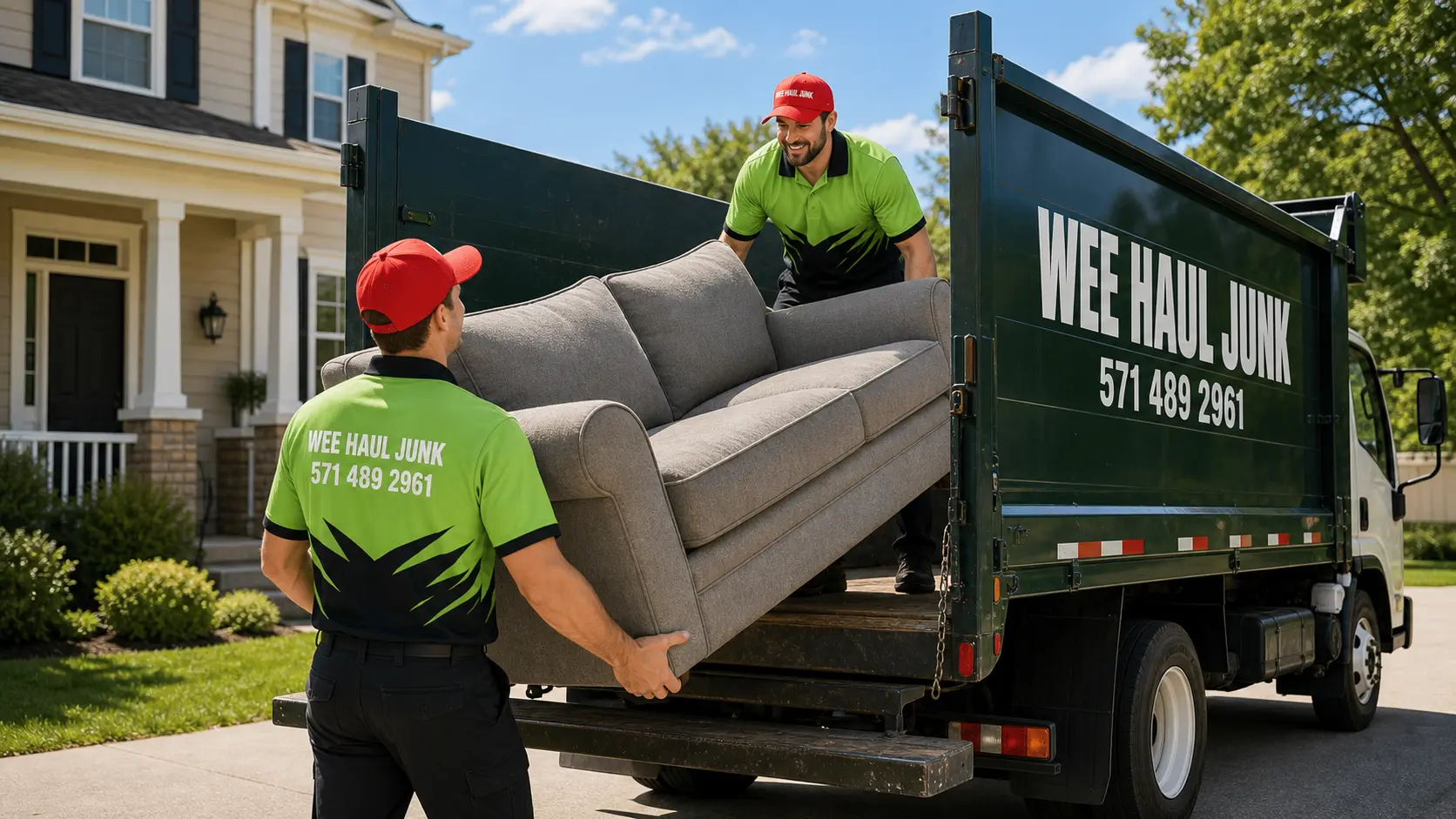 Wee Haul crew carrying an old couch out for removal