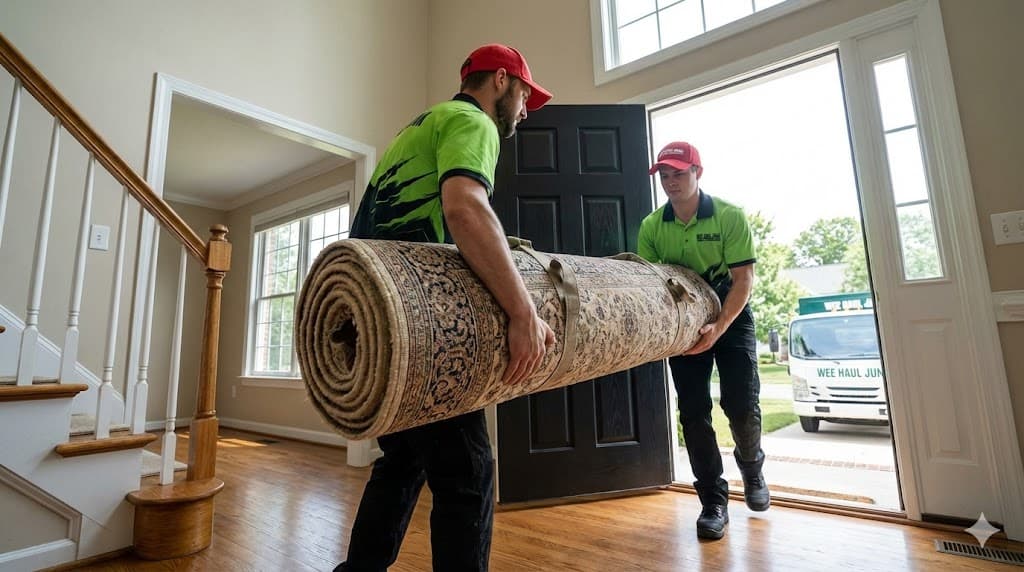 Old carpet rolled up and ready to haul