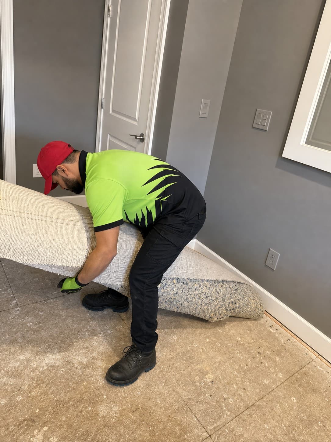 Wee Haul crew member pulling up carpet and padding off the subfloor during a carpet removal job in Fairfax, VA