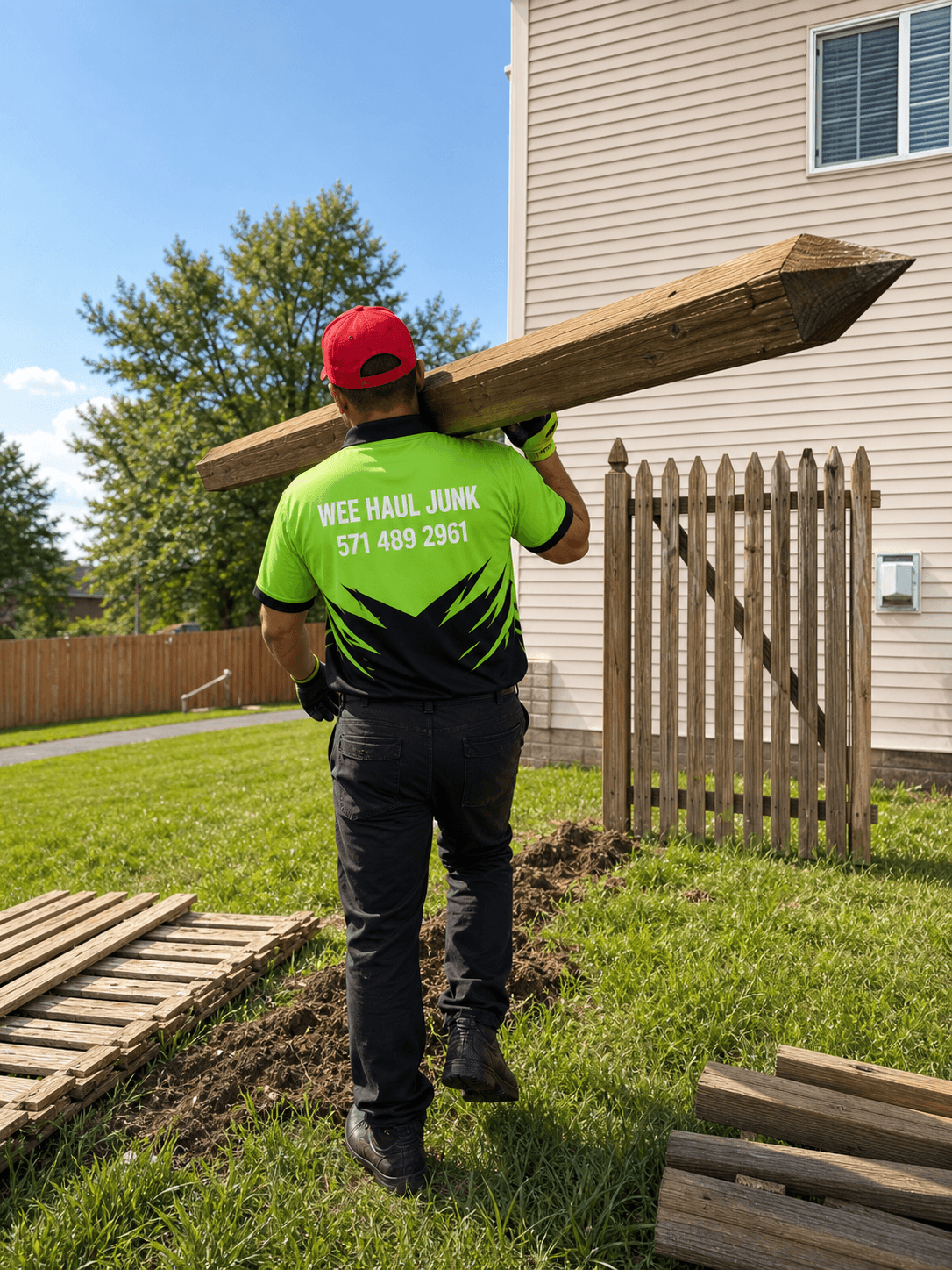 Wee Haul crew member carrying a pulled fence post away, with dismantled fence panels on the lawn