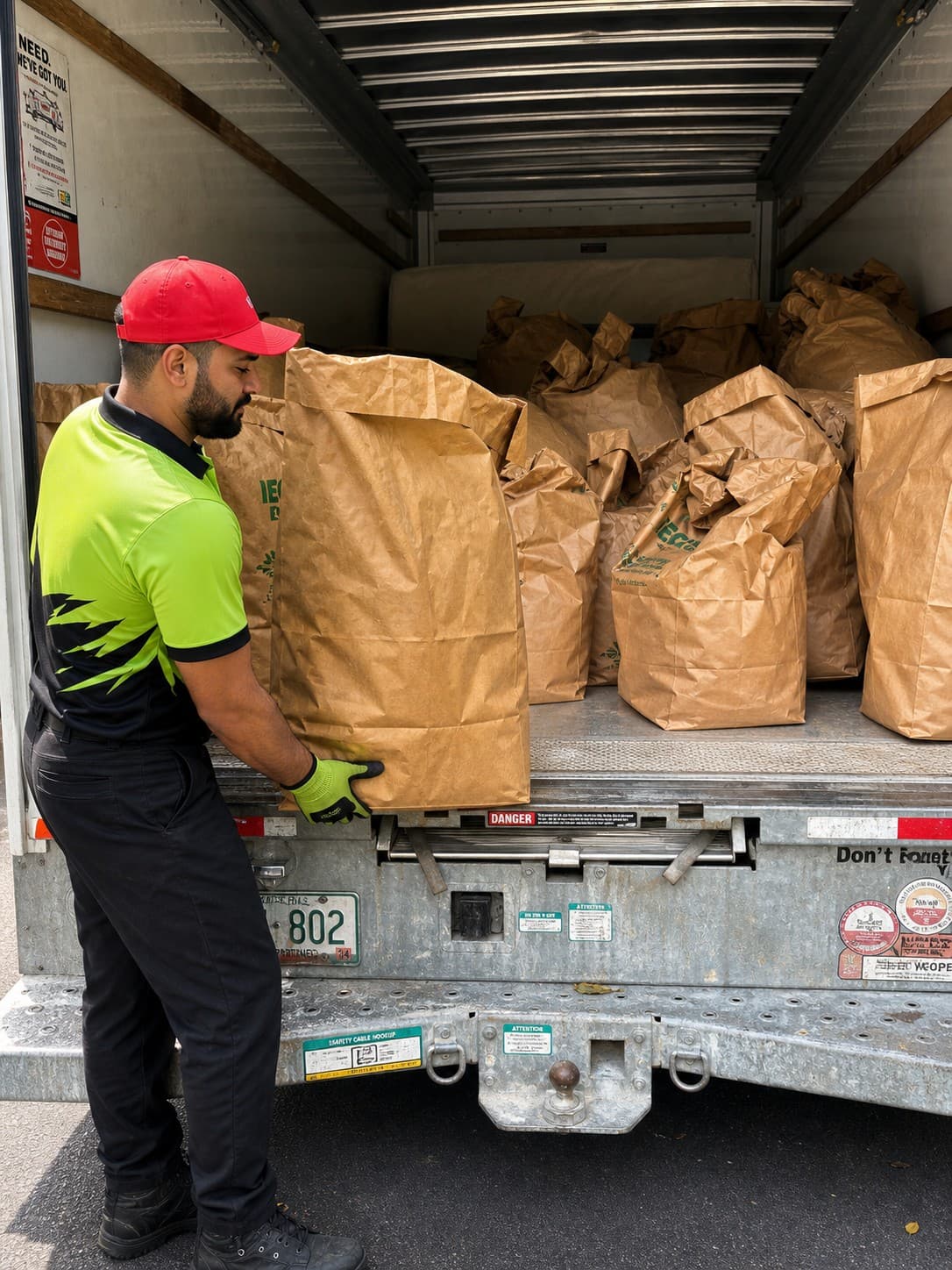 Wee Haul crew member loading paper yard waste bags into the truck